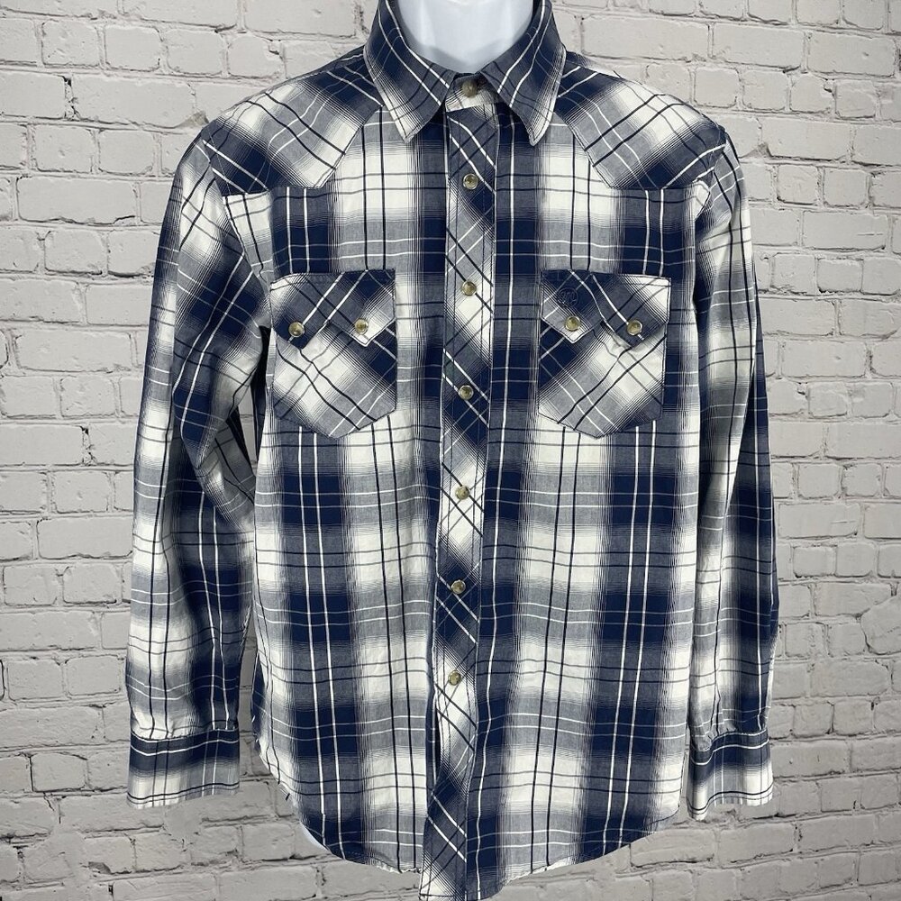 VTG Wrangler Blue Plaid American Cowboys Choose Wrangler Pearl Snap Shirt Medium